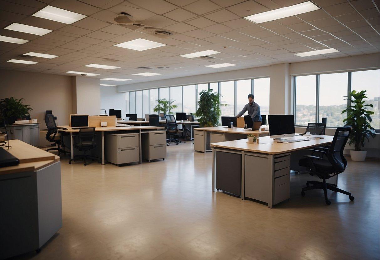 Office furniture being moved and rearranged. Boxes being unpacked and items being organized in the new space. Staff members coordinating and adjusting to the new office layout