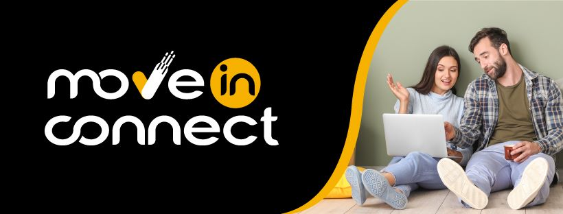 Move In Connect company banner with two people looking at a lap top in their new home