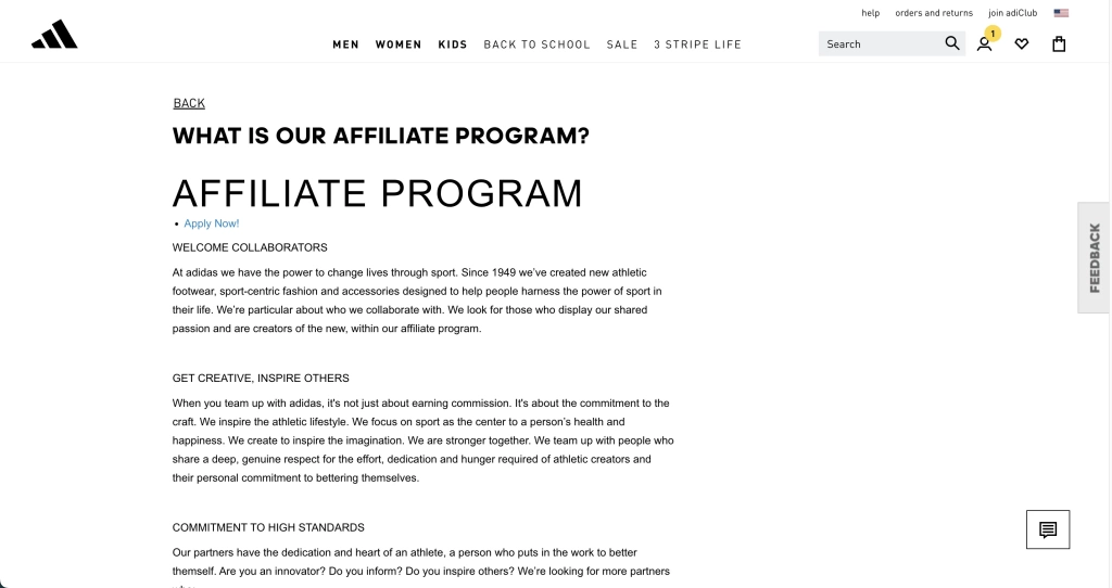 Adidas affiliate program home page