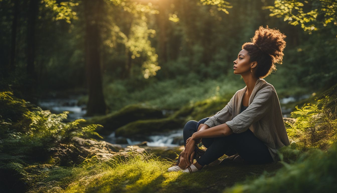 A person sitting peacefully in a tranquil forest surrounded by nature.