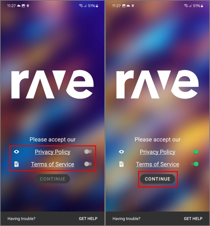 accepting the terms for rave