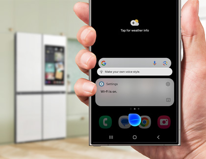 Bixby Voice wake-up on a Galaxy S24 Ultra in front of a Samsung Refrigerator 