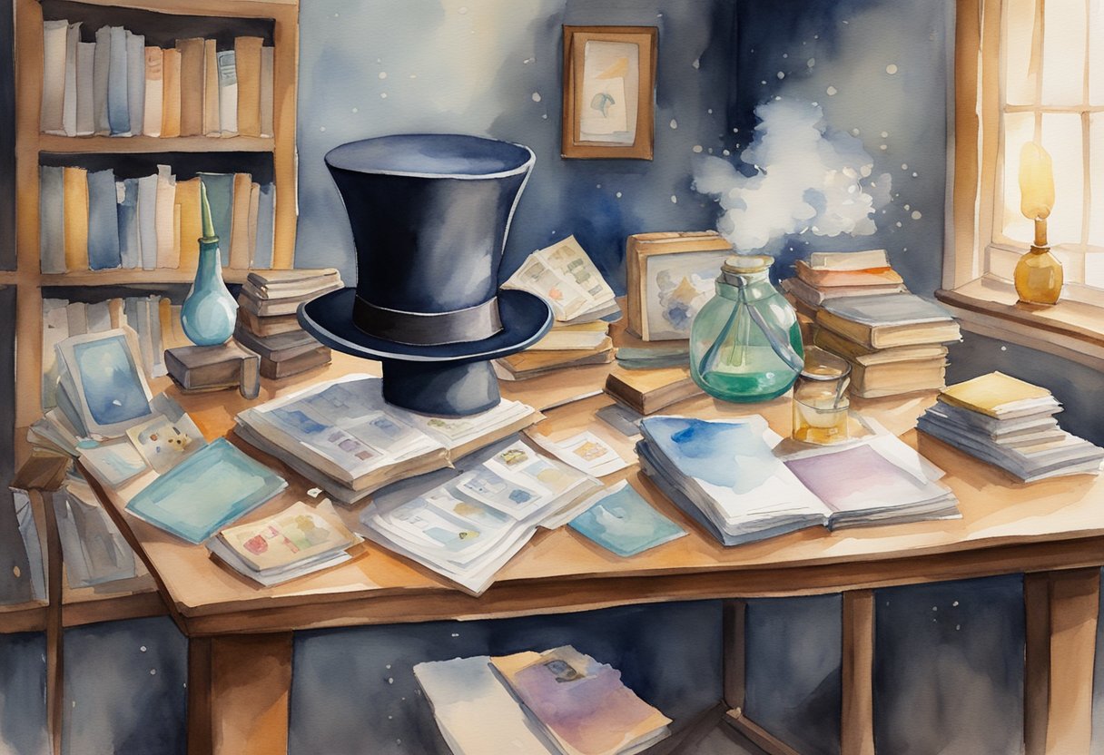 A cluttered desk with books, cards, and props. A wand and top hat sit nearby. A poster of a magician in action hangs on the wall