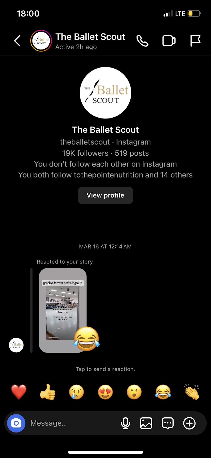 Screenshot of The Ballet Scout responding to Kira's Instagram story with the laughing emoji