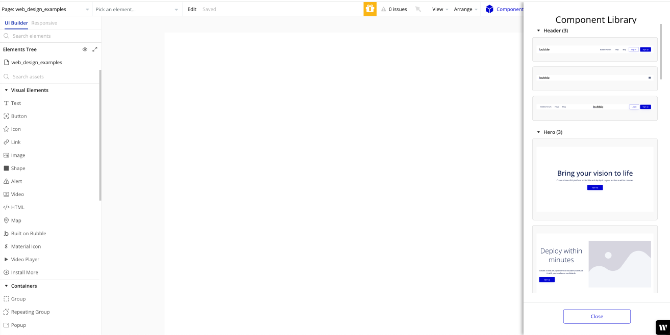 A screenshot of the Component Library in the Bubble editor.