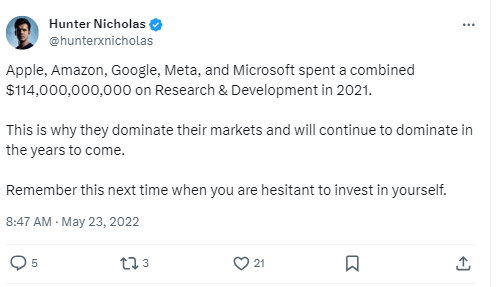 X post by @hunterxnicholas about the efforts and research costs incurred by Google.