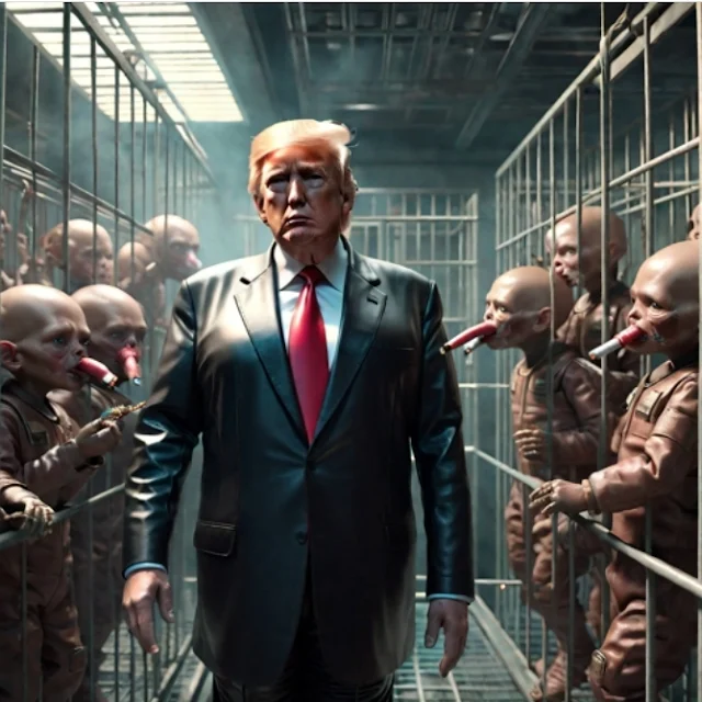 Trump leather suited walking through a room of deformed people in cages
