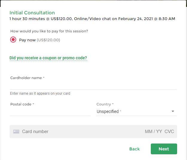 A screenshot of an Initial Consultation booking interface in Practice Better where payment is required up front. 