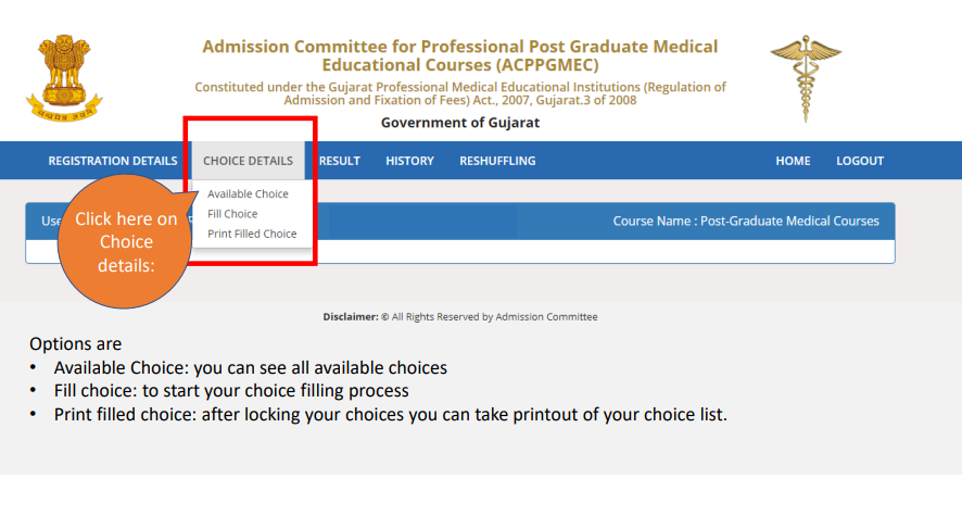 Step 3 of choice filling of gujarat neet counseling for gmers medical college gotri admission