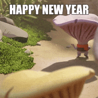 Funny Gif of a mushroom character wishing a happy new year 