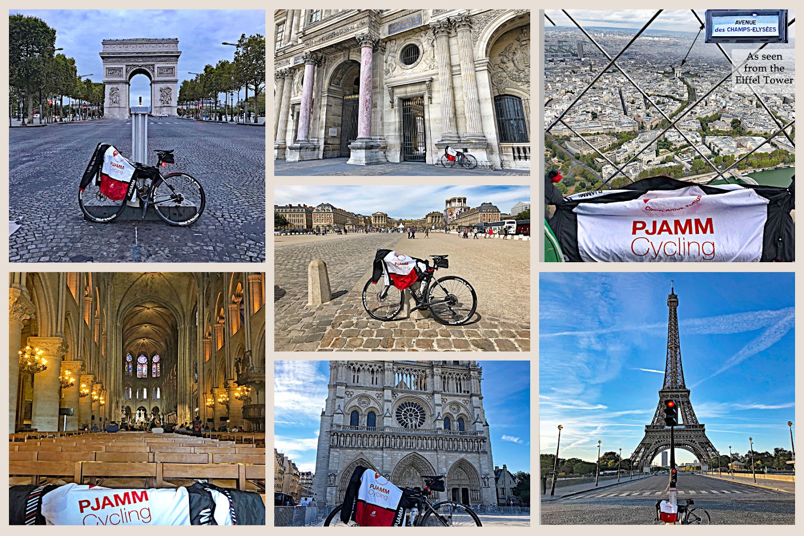photo collage shows bike with PJAMM Cycling jersey draped over it placed in front of iconic French points of interest: Arc du Triomphe, Eiffel Tower, Notre Dam Cathedral, etc