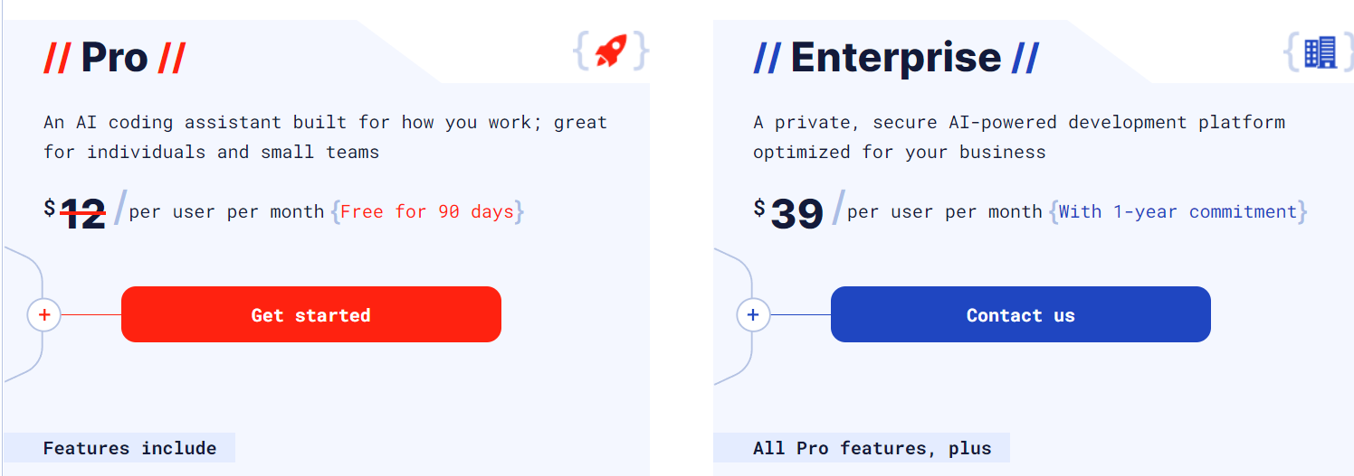 Tabnine pricing table