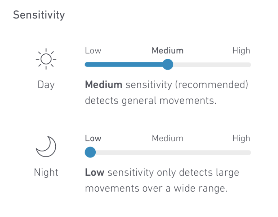 The Camera Settings screen from the SimpliSafe® Mobile App showing the Video Doorbell Pro's daytime and nighttime sensitivity settings.