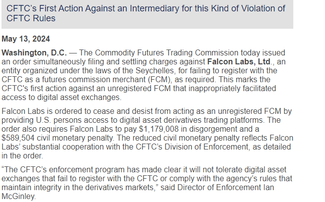 CFTC's First Action Against an Intermediary for this Kind Of Violation of CFTC Rules