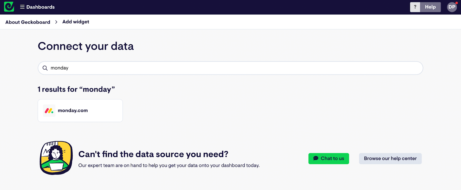 Monday.com data source page on Geckoboard