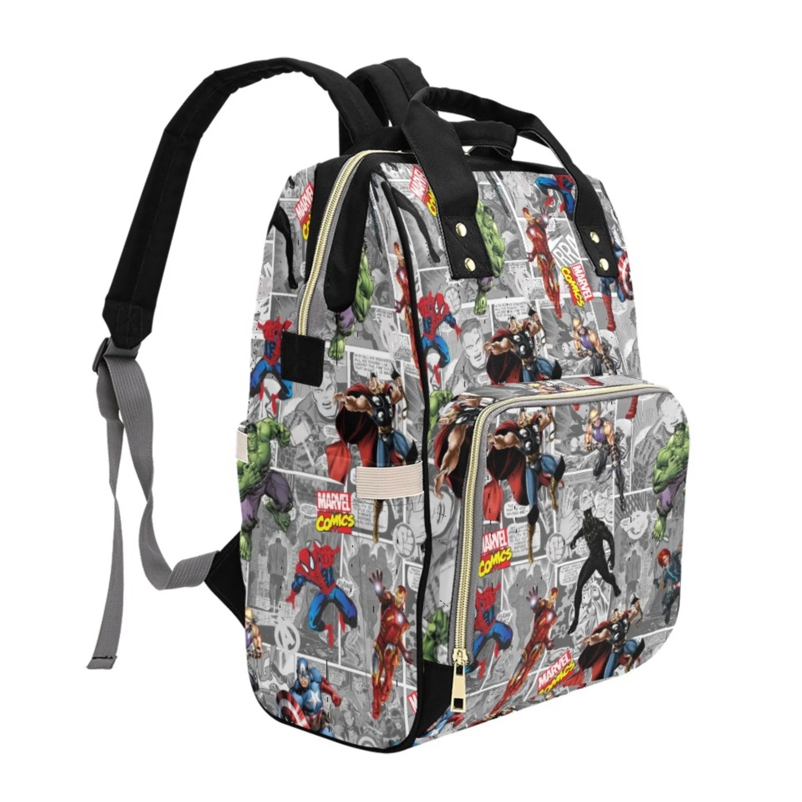 Several Marvel characters overlaid on a background of their comics on a backpack
