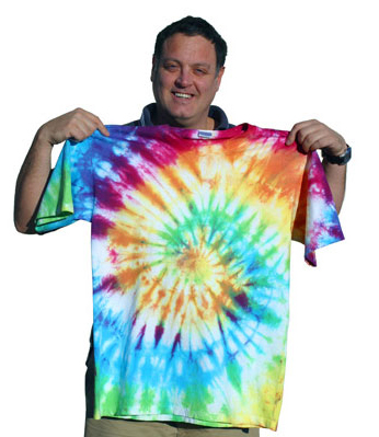 Guy shows off his Tie dye pattern with the classic spiral