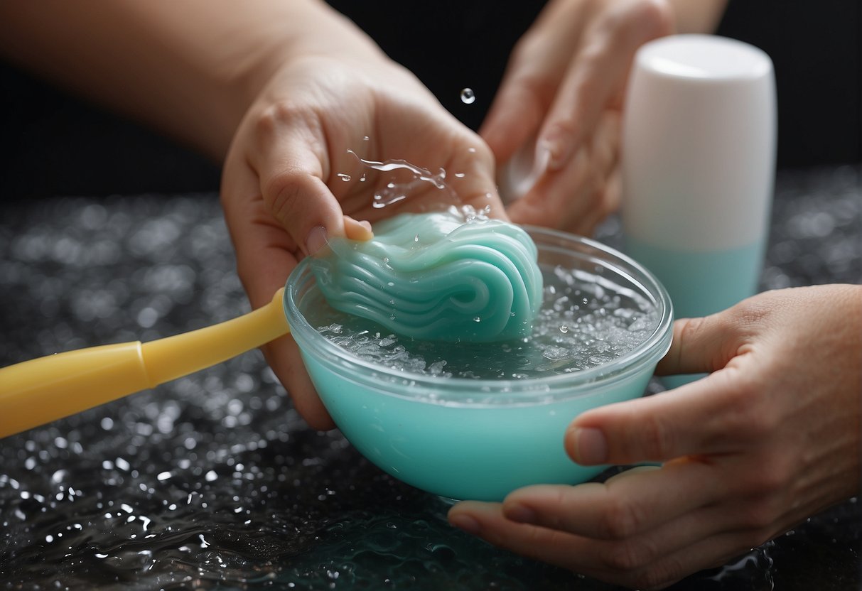 A hand pours baby shampoo over a synthetic wig, massaging it gently. Water runs over the wig as it is rinsed clean