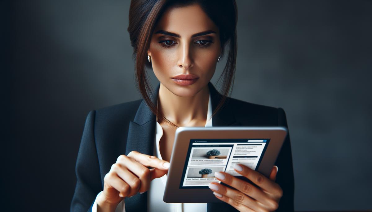 A professional looking woman holding a tablet and looking at her Amazon advertising campaign on the screen.. Avoid using words, letters or labels in the image when possible.