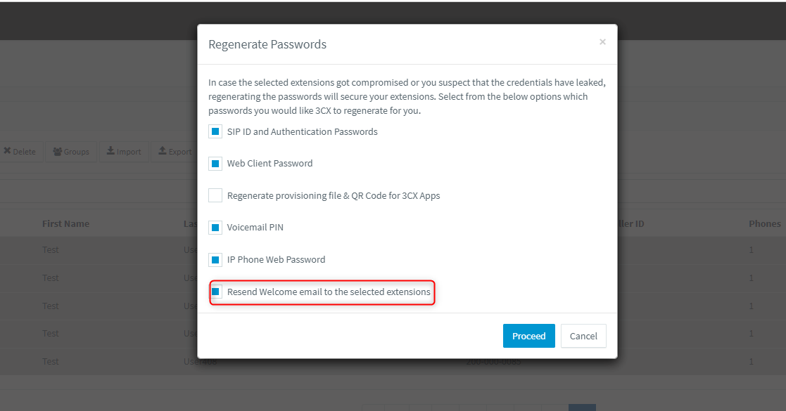 Безопасность АТС Убедитесь, что выбрана опция <b>“Resend Welcome email to the selected extensions”</b>, чтобы все выбранные пользователи получили ссылку для смены пароля. 