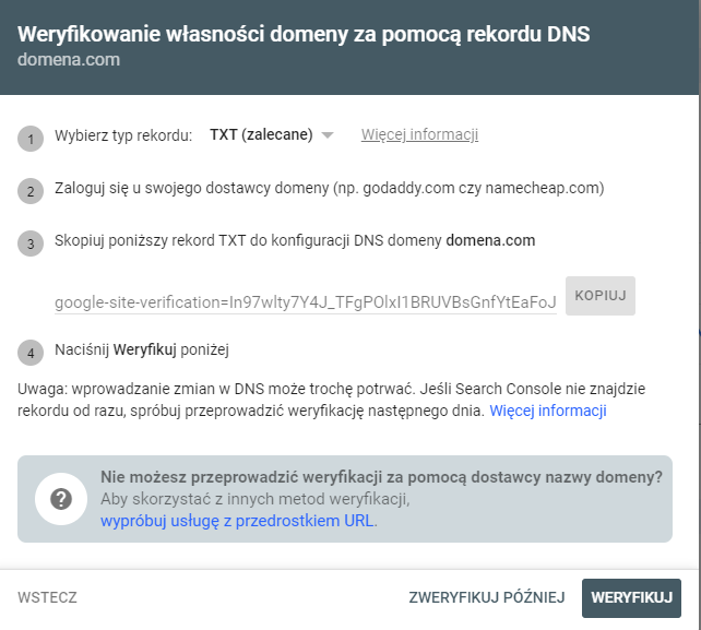Weryfikacja własności domeny za pomocą rekordu DNS