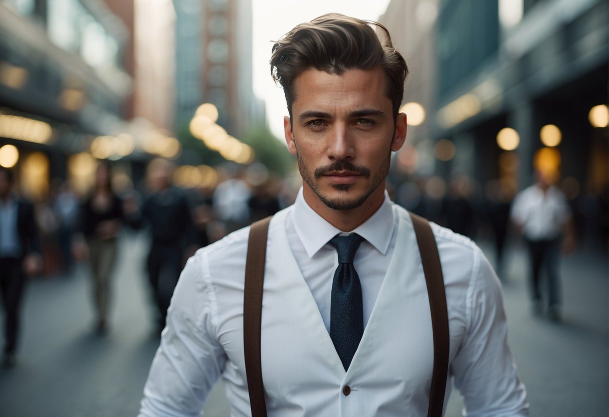 A man in a tailored suit wearing suspenders, with a confident posture, in a trendy urban setting