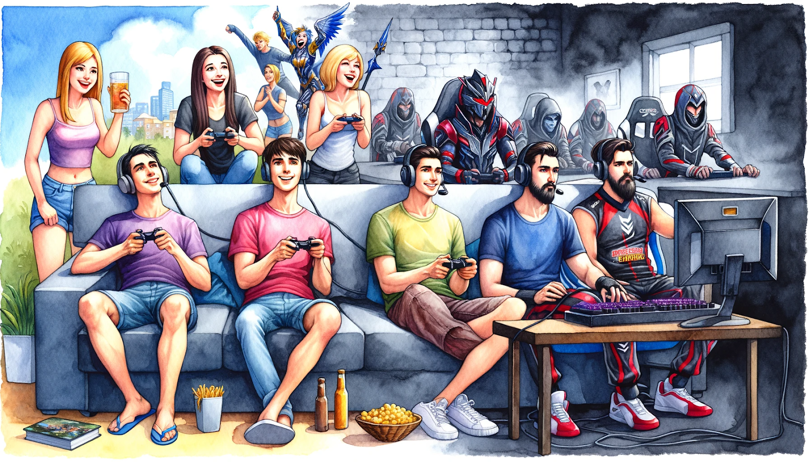 two groups of gamers: one group is casually enjoying a game in a relaxed manner, while the other group is intensely focused in a competitive gaming environment
