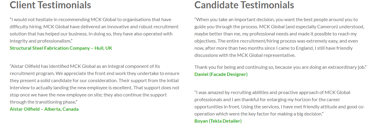 Testimonial from MCK Global Recruitment 