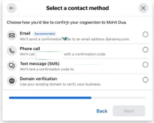 Select a contact method as email and phone number- Verify Your Facebook Business