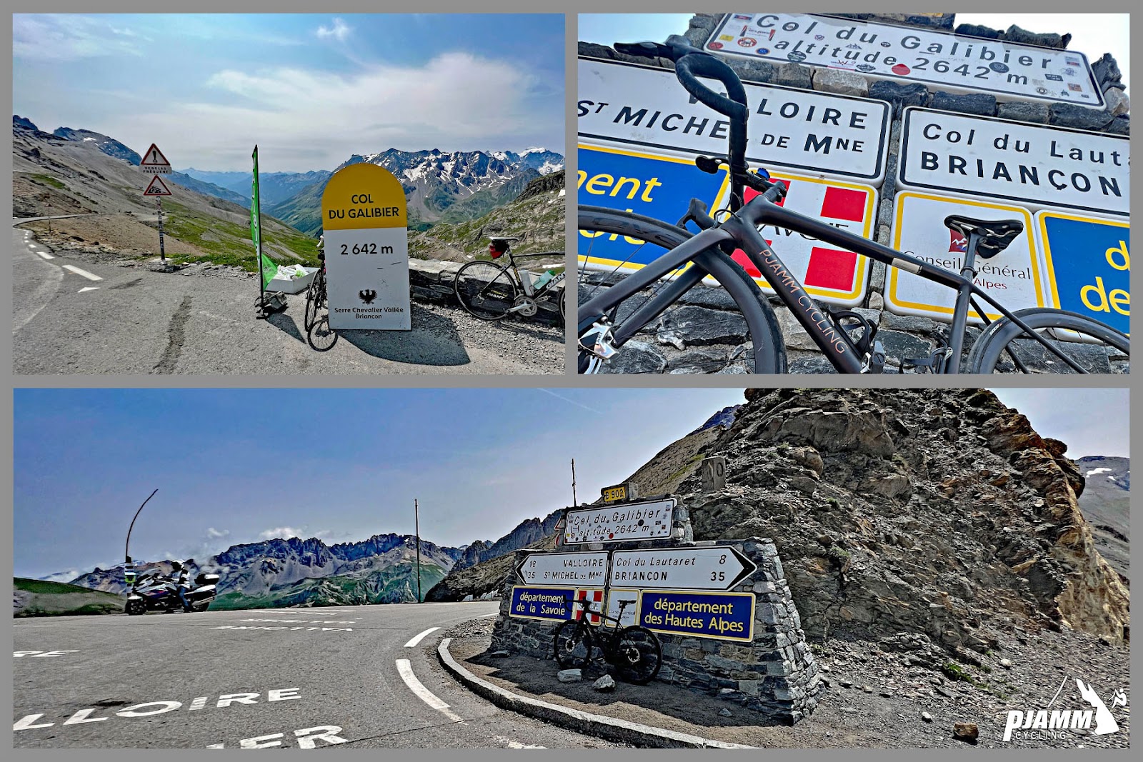 Cycling Col du Galibier from Valloire: photo collage shows road signs, kilometer marker signs, and views at climb's finish
