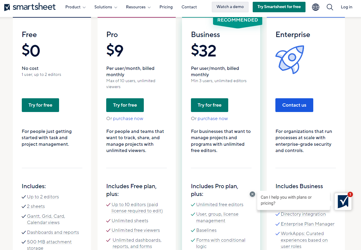 Pricing Plans for Smartsheet