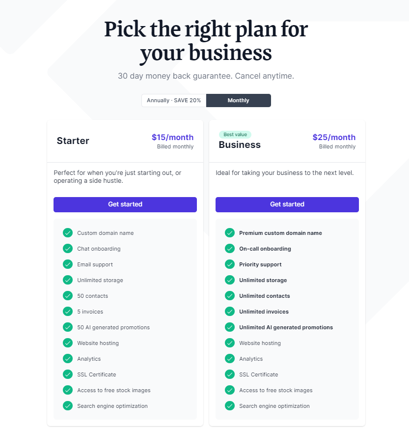 The pricing page for Durable AI's website builder.