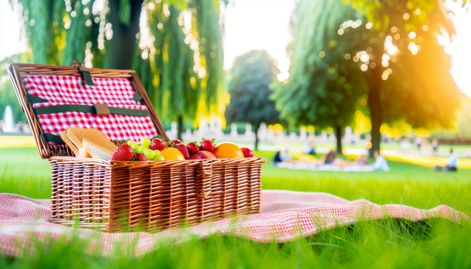 Picnic basket with fruits and sandwiches in the park