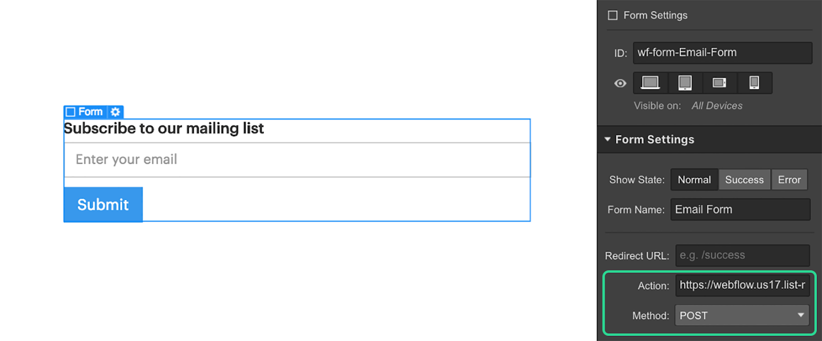 Insert the action code under the Action field and configure the Method as POST.-axiabits