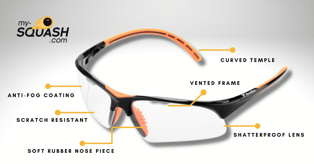 features to consider in squash glasses; eye protection for spectacle wearers