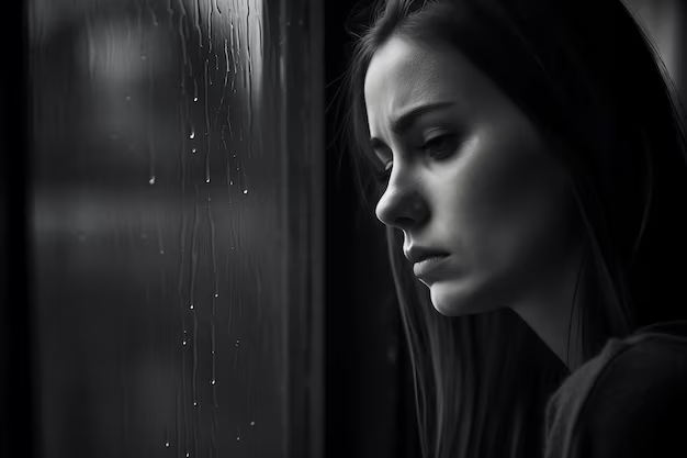 Sad Girl Staring at Water Drops on Glass Window Next to Her