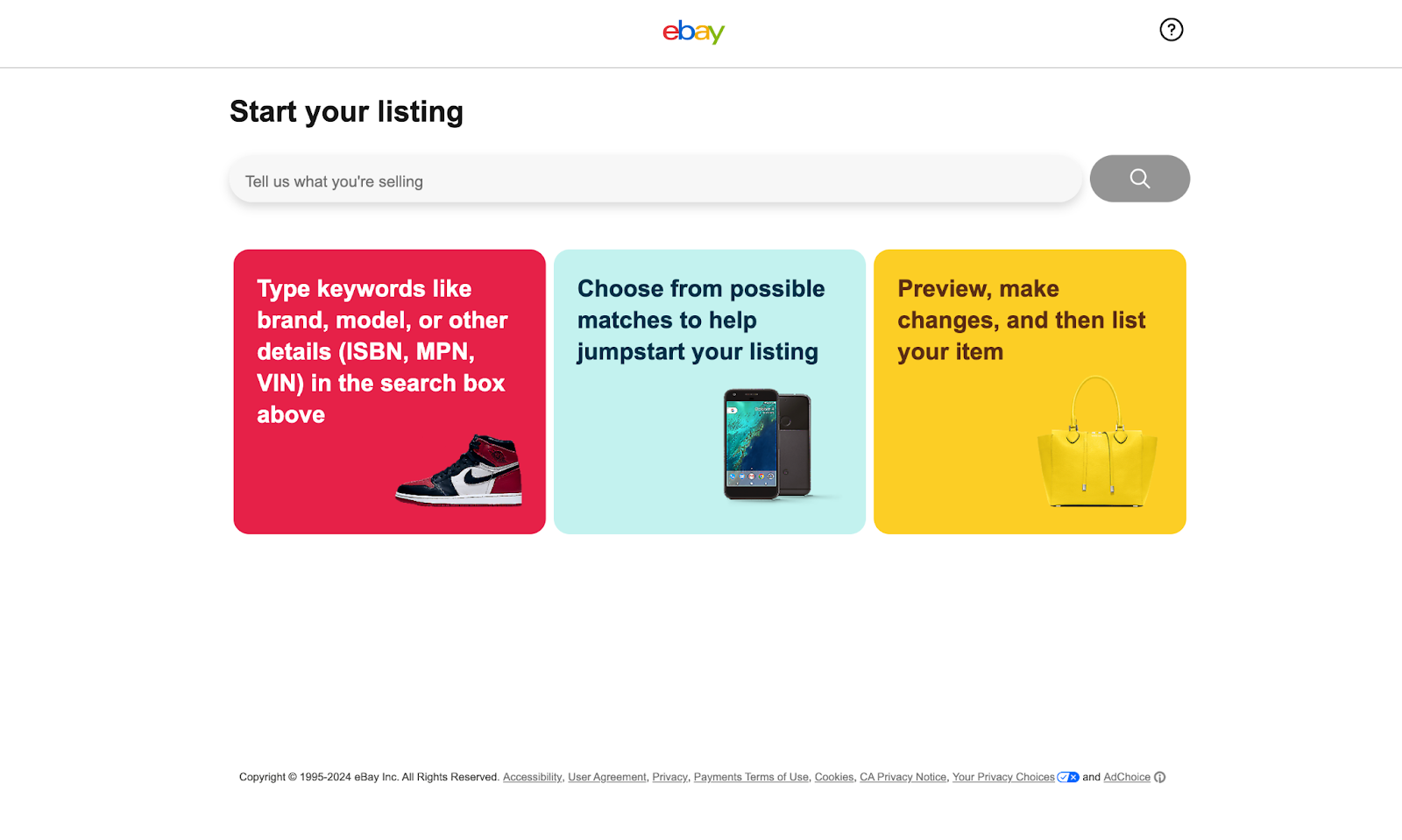 A screenshot of eBay's 'Start your listing' webpage. 