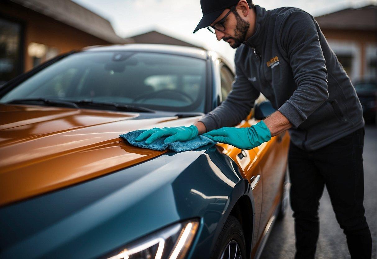 A mobile detailer applies ceramic coating to a car's surface, using a microfiber cloth. The coating creates a protective layer, enhancing the vehicle's shine and making it easier to clean