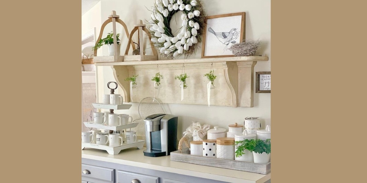 a modern home coffee station decorated with a wreath and faux greenery
