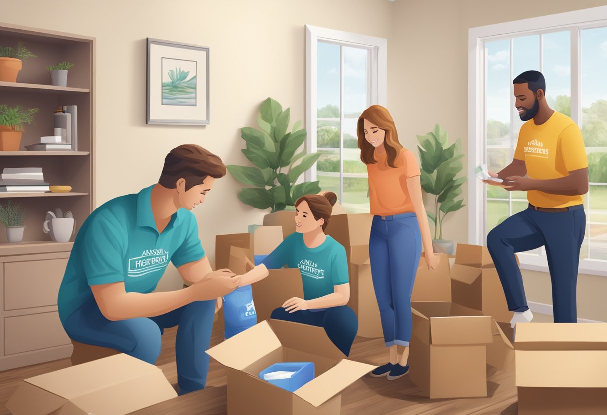 A family packs belongings into boxes, while a real estate agent discusses options with them. The Harmony Home Buyers logo is visible in the background