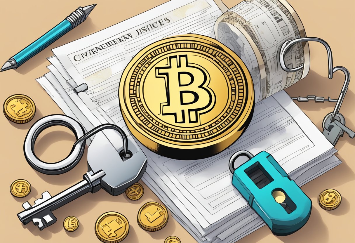 A digital currency symbolized by a lock and key, surrounded by legal documents and government regulations