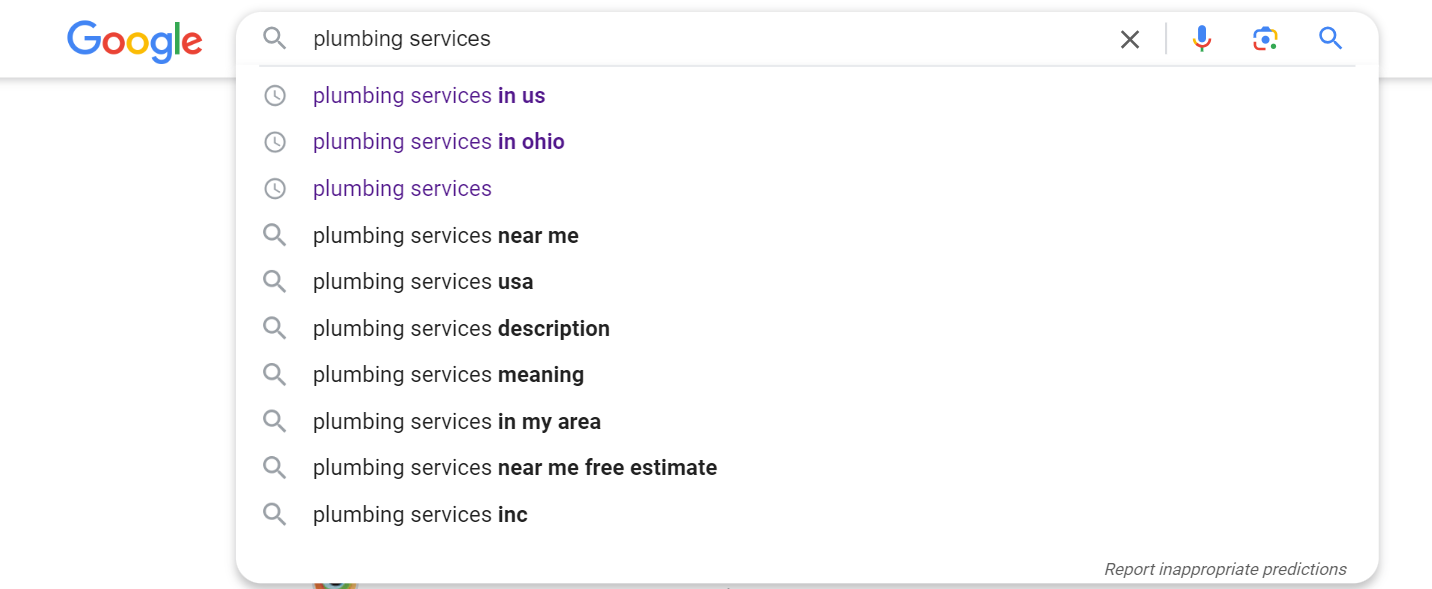 Google keyword autosuggest tool showing ideas for plumbing services