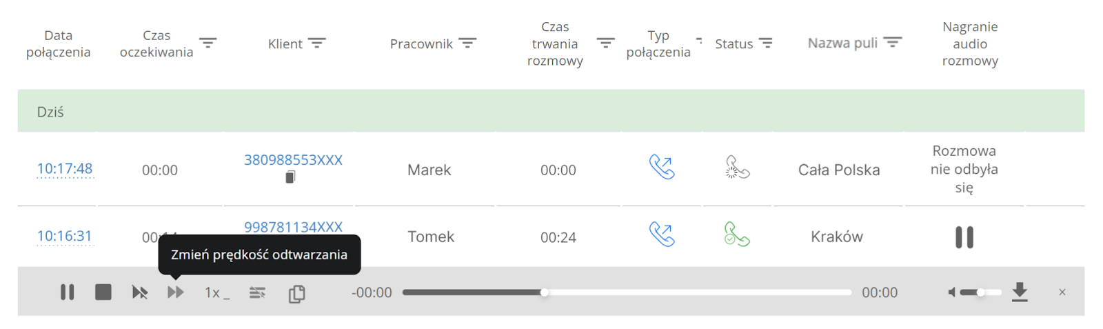 call tracking, śledzenie połączeń, Przykład słuchania rozmów z klientami, słuchanie rozmów w raportach Ringostat