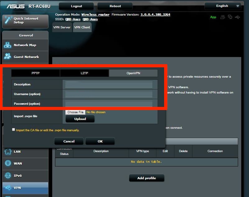 Screenshot of Asus Wi-Fi router adding a VPN client profile page
