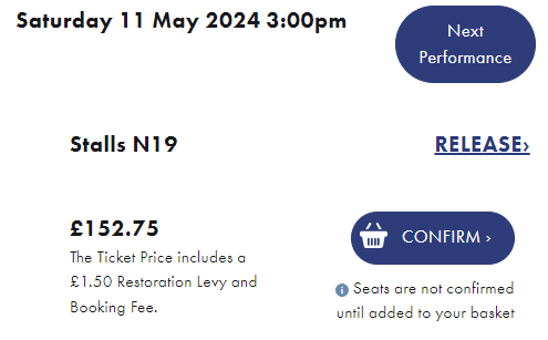 Tickets to Mamma Mia! at the Novello Theatre in London on Saturday11th May at 3pm. Stalls N19 price £152.75