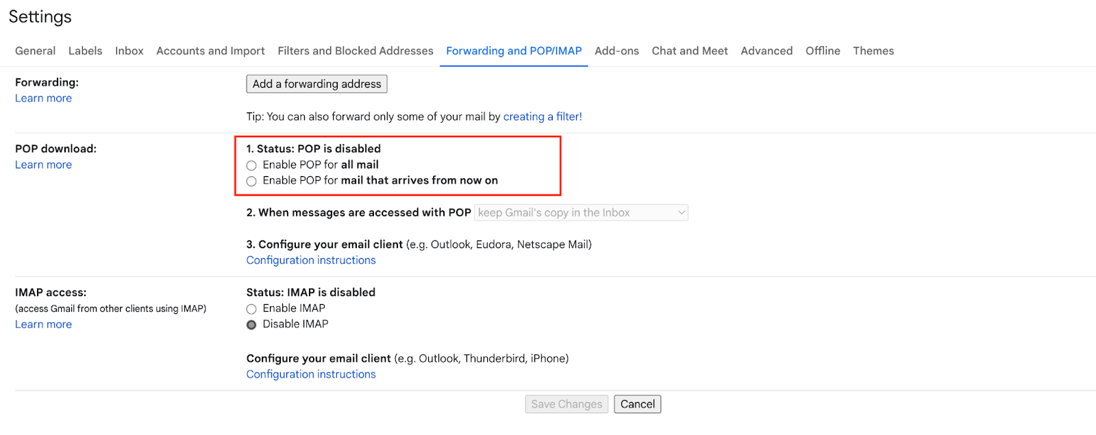 Gmail habilitar menu POP3