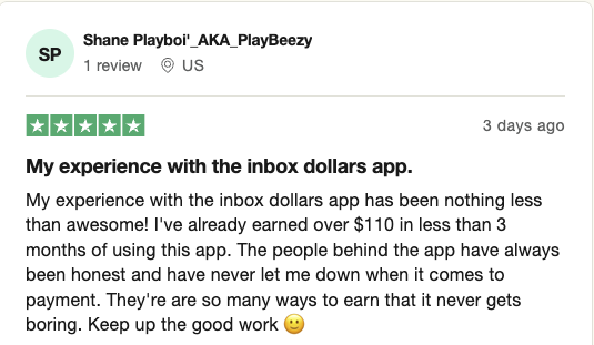 A 5-star Trustpilot review from an InboxDollars user who's earned over $110 in less than 3 months. 