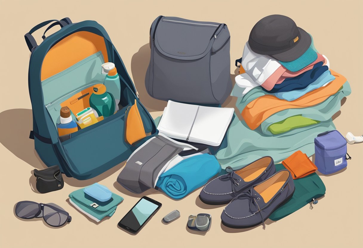 A compact backpack sits open on a bed, filled with neatly folded clothes and essential travel items. A pair of sturdy shoes and a travel-sized toiletry kit are placed next to the bag