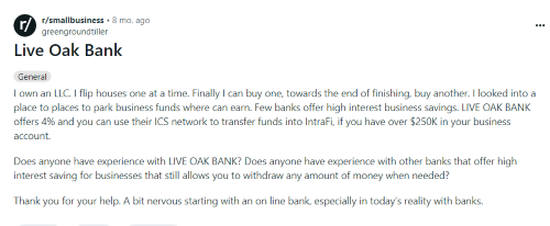 A person on Reddit asking others for their Live Oak Bank reviews. 