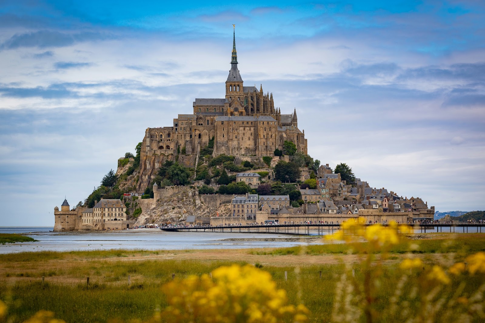 Mont-Saint-Michel perched atop a rocky islet, surrounded by the ebb and flow of the tides.